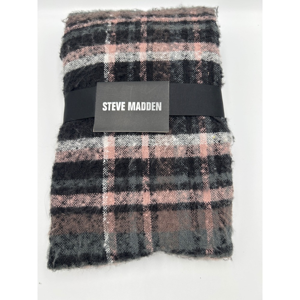 Steve Madden Plaid Scarf Black Pink Grey Oversized Brushed‎ Knit Winter Wrap